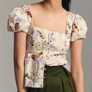 Anthropologie Floral Puff Sleeve Blouse - Cream and Multicolor